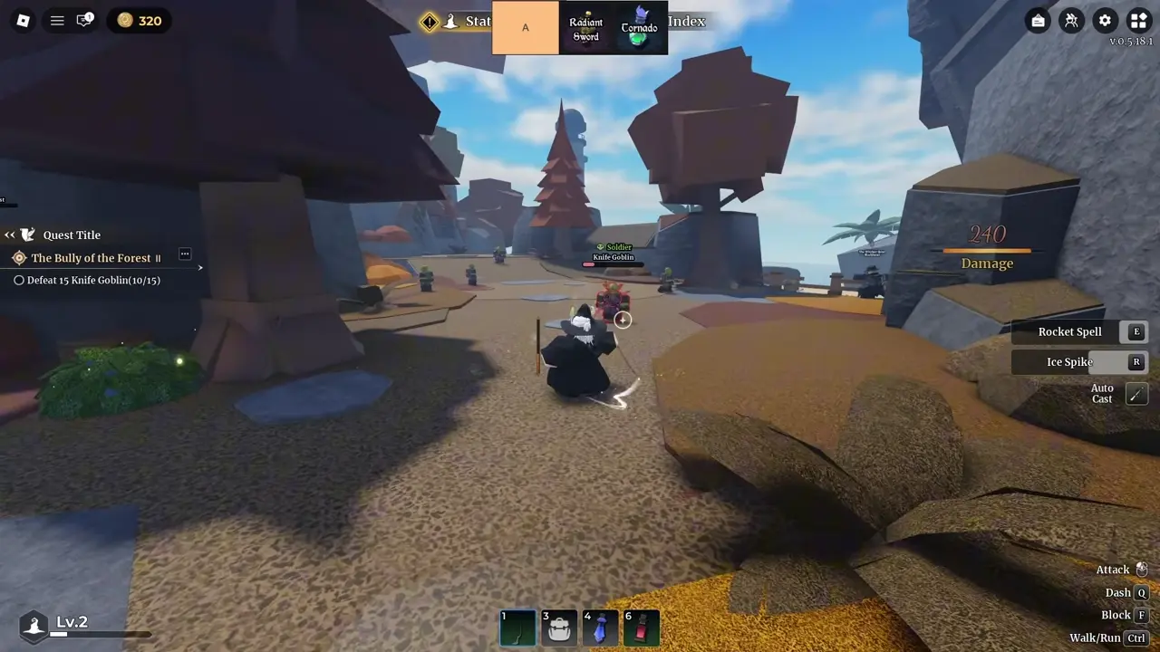 Wizard Alchemy combat mid-fight against a Knife Goblin during The Bully of the Forest II quest with the A tier banner naming Radiant Sword and Tornado