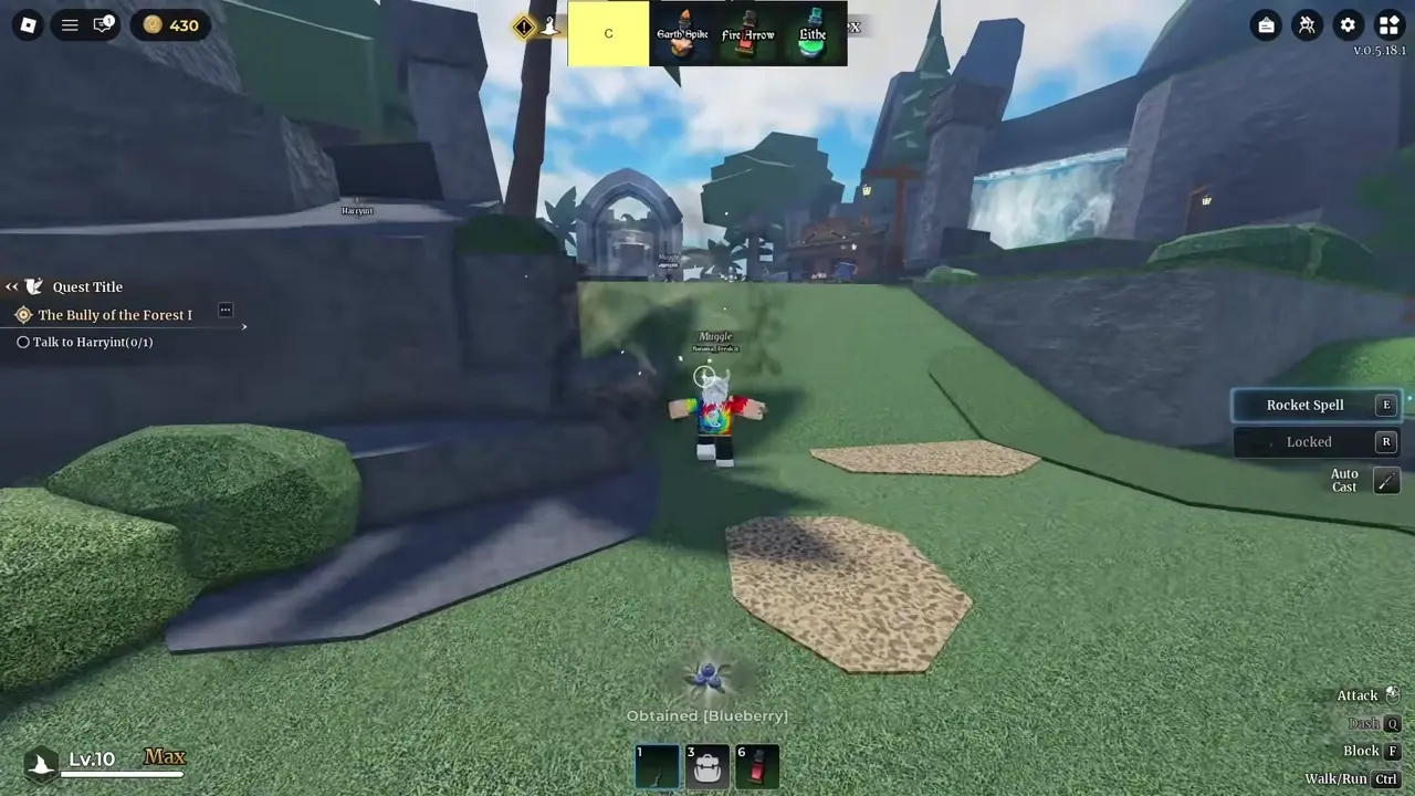 Wizard Alchemy field scene with the C tier banner naming Earth Spike, Fire Arrow and Lithe while a player picks up Blueberry on the Bully of the Forest I quest