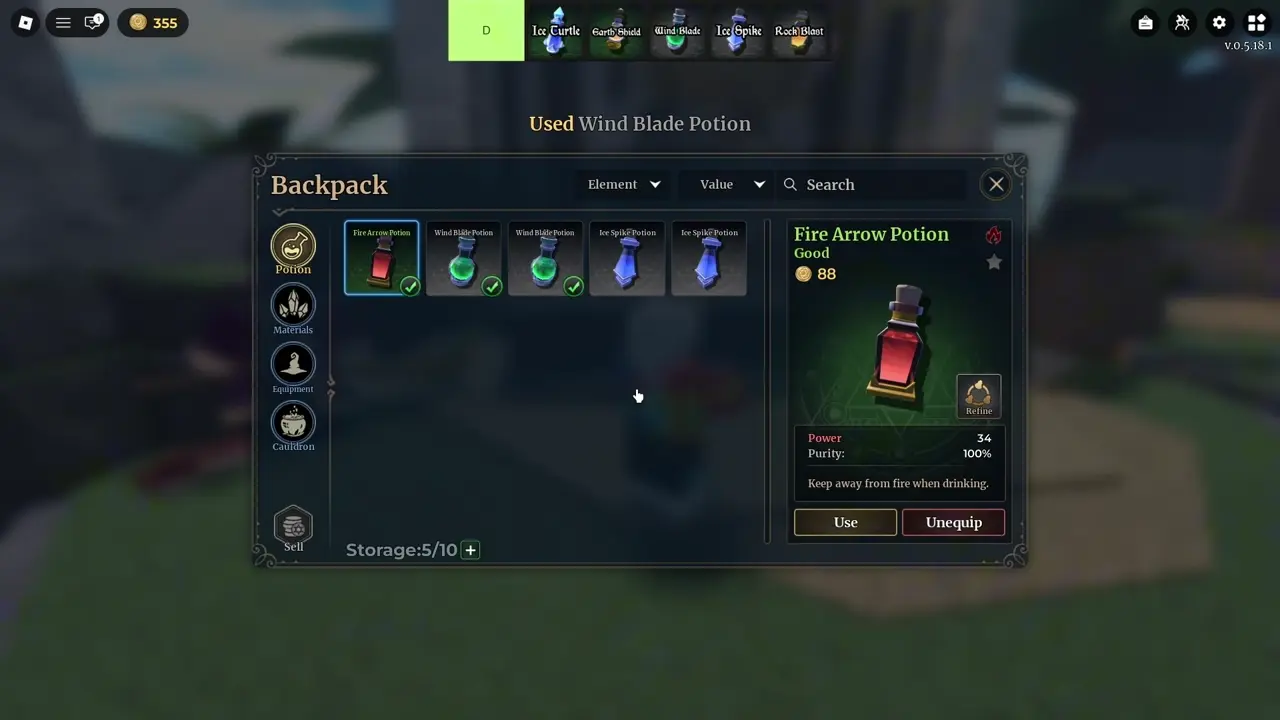 Wizard Alchemy backpack panel with the D tier banner showing Ice Turtle, Earth Shield, Wind Blade, Ice Spike and Rock Blast above a Fire Arrow Potion