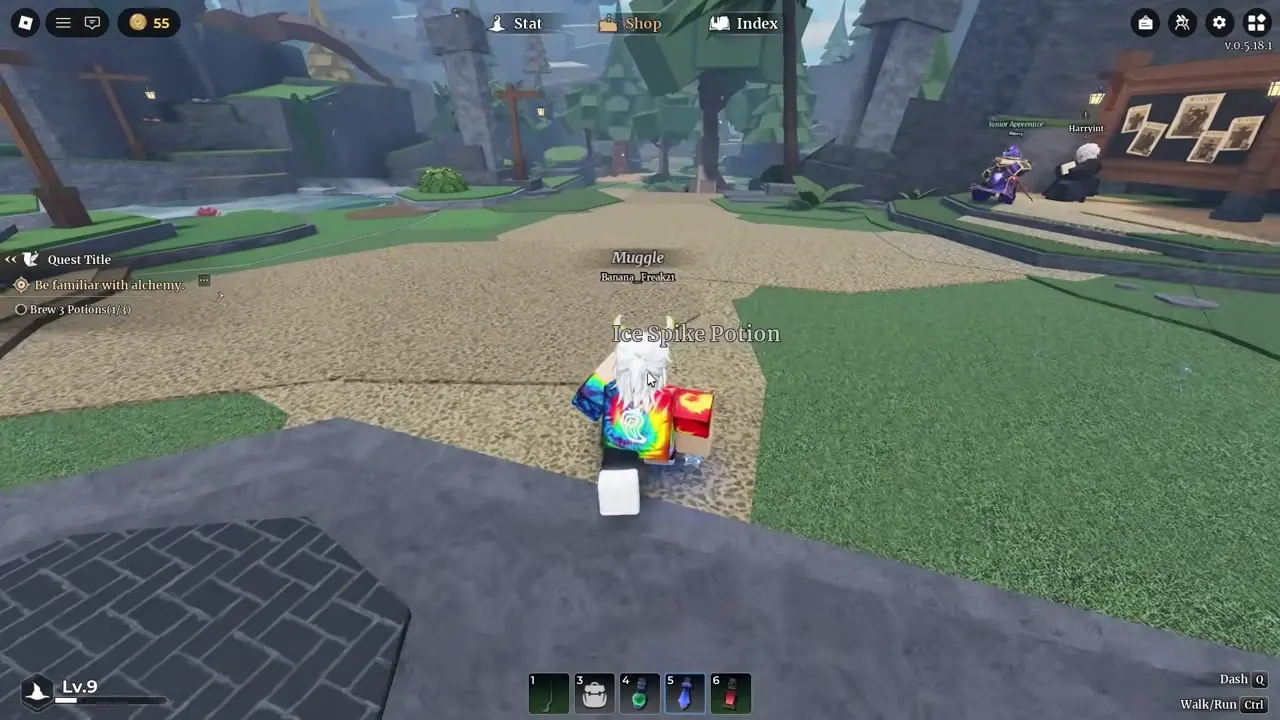 Wizard Alchemy starting town with an Ice Spike Potion name floating above the player character